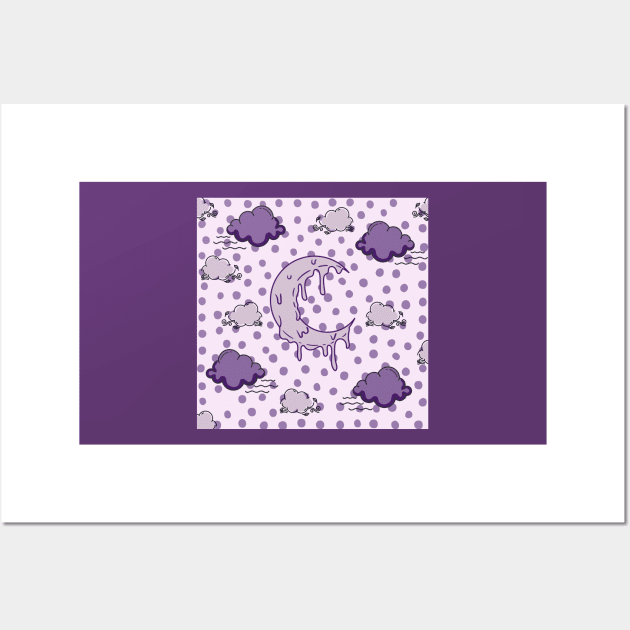 melting crescent moon cloud night purple polka dots Wall Art by maplunk